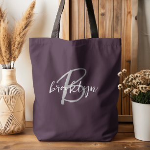 Bolso De Tela Monograma de letra script de moda en ciruela, gris