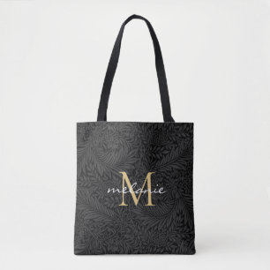 Bolso De Tela Monograma de letra script dorada floral negra eleg
