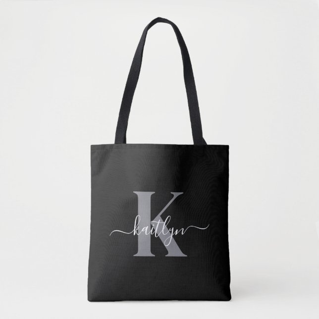 Bolso De Tela Monograma de letra script gris negro moderno (Anverso)