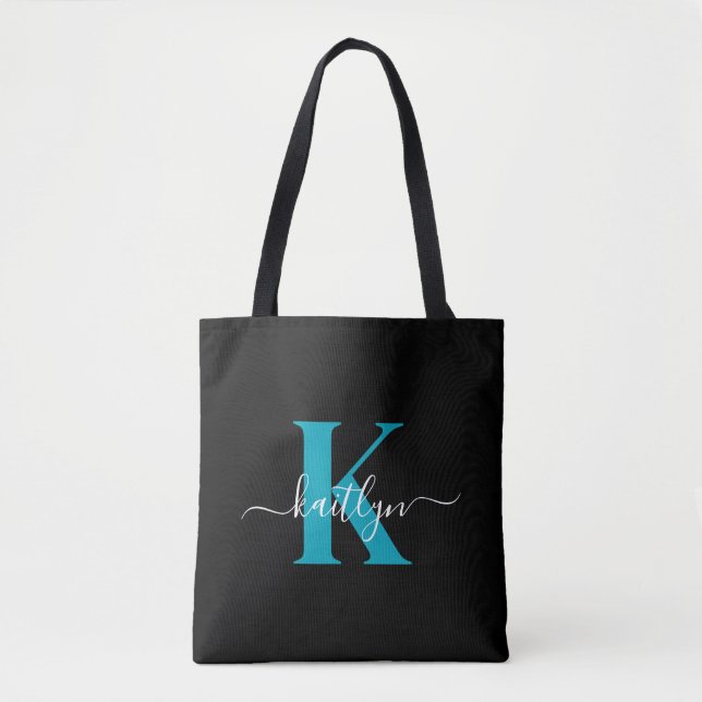 Bolso De Tela Monograma de letra script moderna negro turquesa (Anverso)