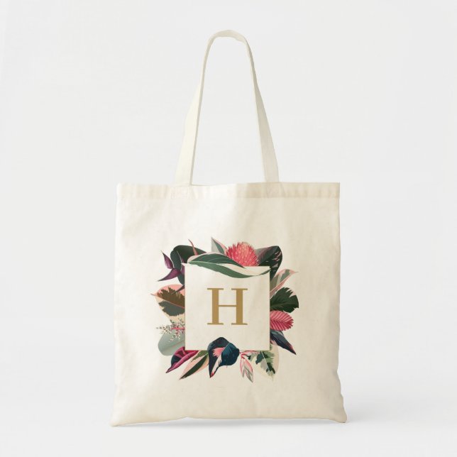 Bolso De Tela Monograma de marco de plantas variadas tropicales  (Frente)