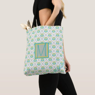 Bolso De Tela Monograma de moda del patrón Aqua Gray y Chartreus