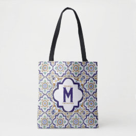 Bolso De Tela Monograma de mosaicos ornamentales botánicos