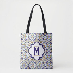 Bolso De Tela Monograma de mosaicos ornamentales botánicos