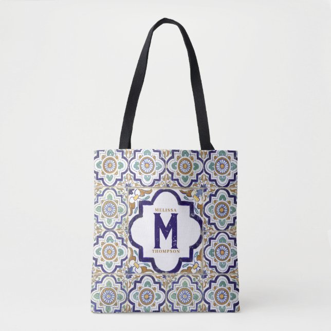 Bolso De Tela Monograma de mosaicos ornamentales botánicos (Anverso)