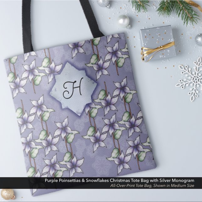 Bolso De Tela Monograma de Navidades de Poinsettias Púrpura y Co (Purple Poinsettias & Snowflakes Christmas Tote Bag  with Silver Monogram)