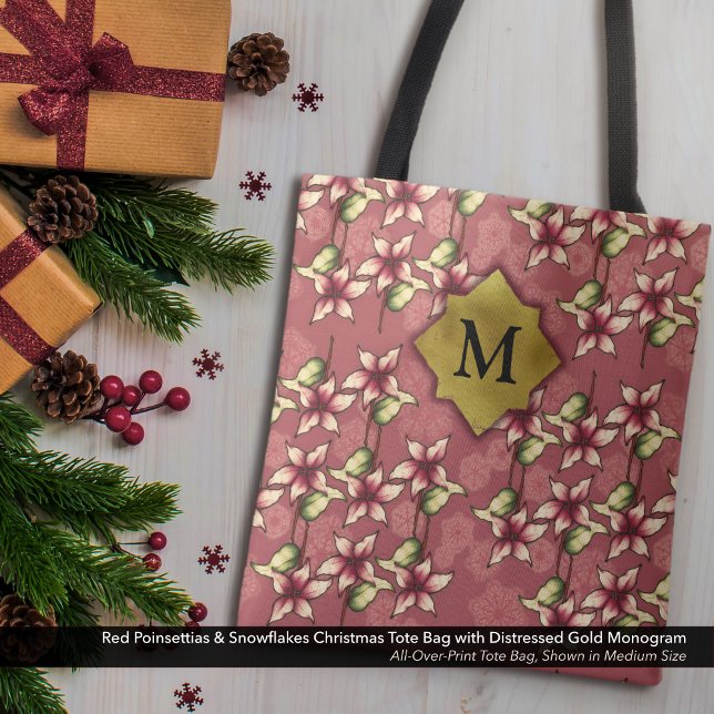 Bolso De Tela Monograma de Navidades de Poinsettias Rojas y Copo (Red Poinsettias & Snowflakes Christmas Tote Bag Monogram with Distressed Gold Monogram)