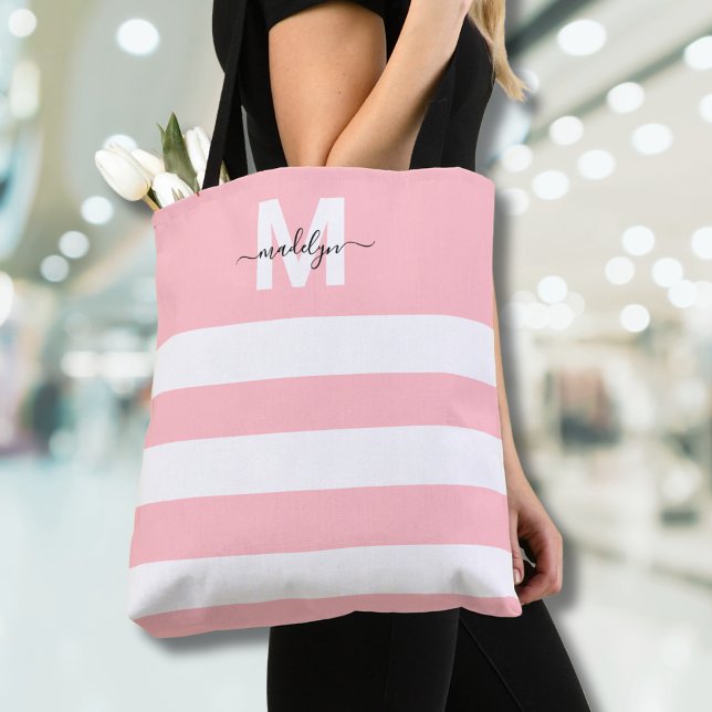 Bolso De Tela Monograma de Nombre con Rayas Rosadas de Rubor (Blush Pink Stripes Name Monogrammed Tote Bag)