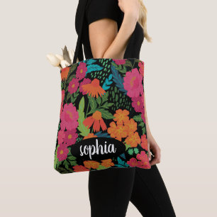 Bolso De Tela Monograma de nombre negro floral colorido