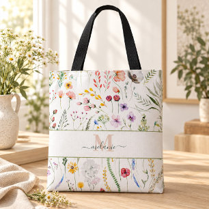 Bolso De Tela Monograma de nombre personalizado Boho Wildflowers