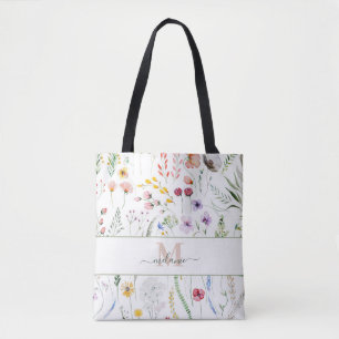Bolso De Tela Monograma de nombre personalizado Boho Wildflowers