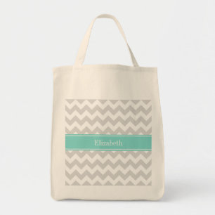 Bolso De Tela Monograma De Nombre Turquesa De Chevron Aqua Gris