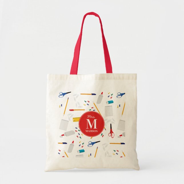 Bolso De Tela Monograma de oficina escolar y artículos de artesa (Frente)