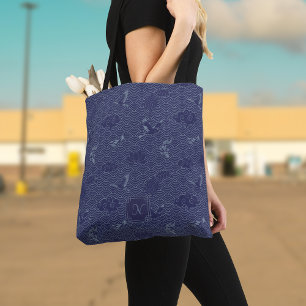 Bolso De Tela Monograma de ola tradicional japonesa azul Seigaih