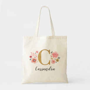 Bolso De Tela Monograma de oro de moda Letra inicial "C" Floral