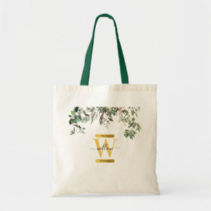 Bolso De Tela Monograma de oro Elegante Eucalyptus Verdor y Aves