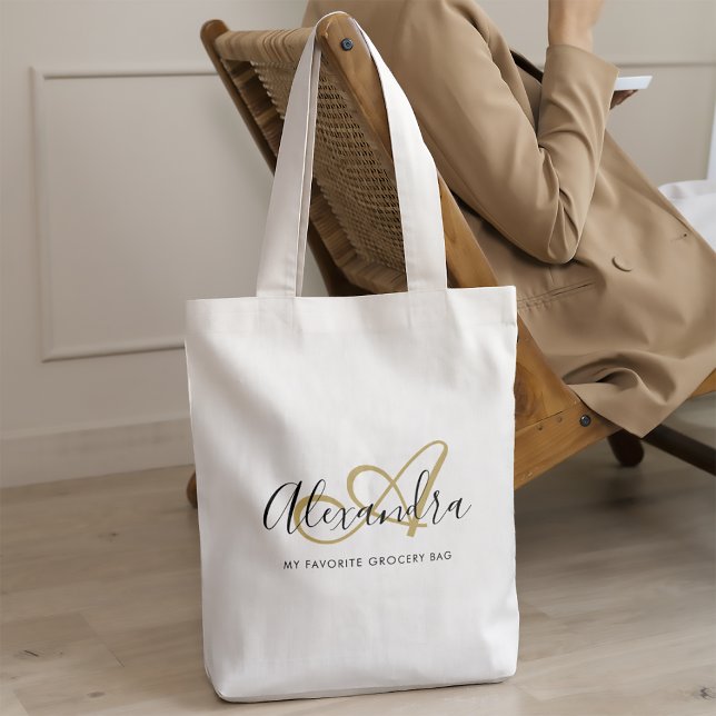 Bolso De Tela Monograma de oro negro moderno Nombre de guión ini (Trendy Black Gold Monogram Initial Script Name Tote Bag)