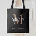 Bolso De Tela Monograma de oro negro moderno Nombre inicial<br><div class="desc">Moderno Maqueta de guión de monograma de oro negro Nombre de la bolsa de té inicial.Personalice fácilmente esta elegante y moderna bolsa de tetas con su monograma y nombre personalizado.</div>