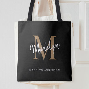 Bolso De Tela Monograma de oro negro moderno Nombre inicial
