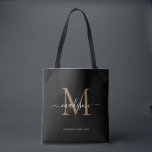 Bolso De Tela Monograma de oro negro moderno Nombre inicial<br><div class="desc">Monograma de oro negro moderno Elegante Nombre de guión elegante Bolsa de té inicial</div>