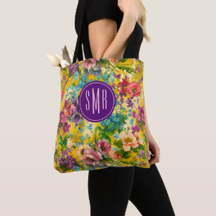Bolso De Tela Monograma de patrón amarillo floral púrpura vintag