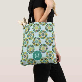 Bolso De Tela Monograma de patrón de flores moderno verde turque
