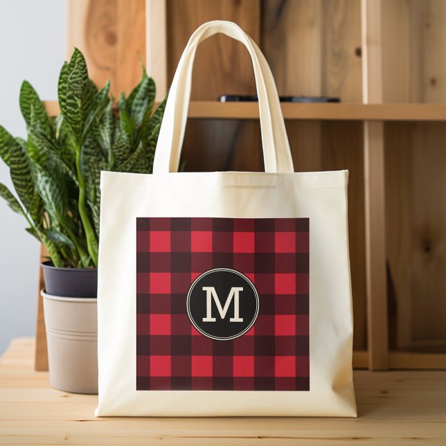 Bolso De Tela Monograma de patrón de patrón de búfalo negro rojo (Personalized tote bag with monogram)
