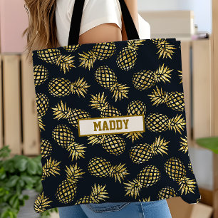 Bolso De Tela Monograma de Patrón de Piña Dorada Azul Marino