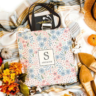 Bolso De Tela Monograma de Patrón Floral Caprichoso Rosa y Azul