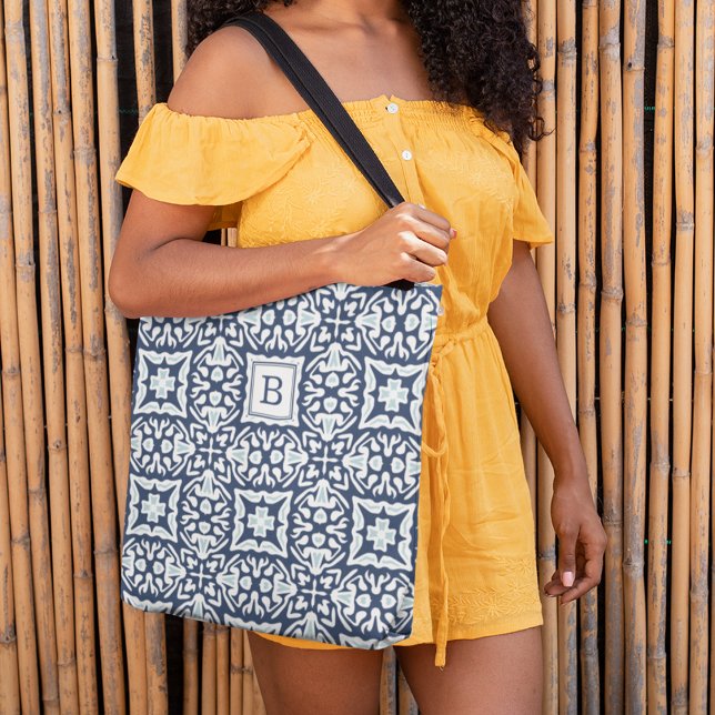 Bolso De Tela Monograma de patrón marino y mediterráneo blanco (Subido por el creador)