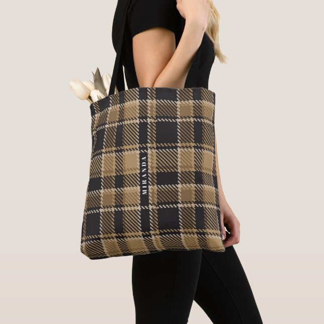Bolso De Tela Monograma de patrones de plaid marrón y beige (Detalle)