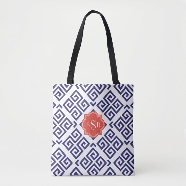 Bolso De Tela monograma de patrones geométricos de clave griega  (Anverso)