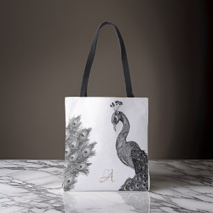 Bolso De Tela Monograma de pavo real negro y blanco