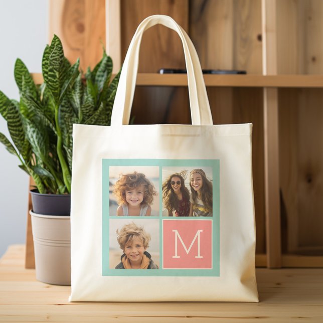 Bolso De Tela Monograma de Personalizado de Collage de fotos de  (Personalized tote bag with photos and custom text)