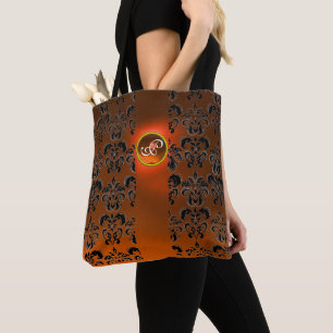 BOLSO DE TELA MONOGRAMA DE PIEDRA PRECIOSA FLORAL DAMASCO NARANJ