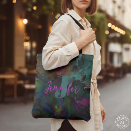 Bolso De Tela Monograma de pintura líquida abstracta oscura turq