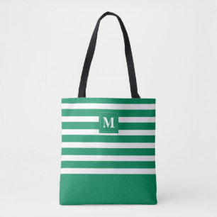 Bolso De Tela Monograma de playa con rayas verdes lindas