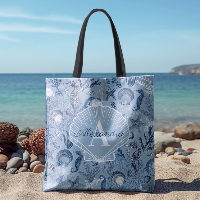 Bolso De Tela Monograma de playa costera Blue Ocean Sea Life (Subido por el creador)