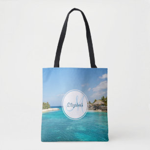 Bolso De Tela Monograma de playa tropical panorámica con cabañas