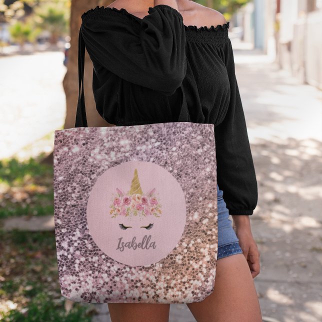 Bolso De Tela Monograma de Purpurina floral de unicornio rosa (Subido por el creador)