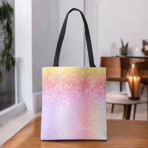 Bolso De Tela Monograma de purpurina rosa dorada púrpura arcoíri