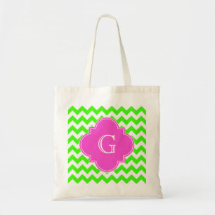 Bolso De Tela Monograma de Quatrefoil Rosa Lime Green Chevron