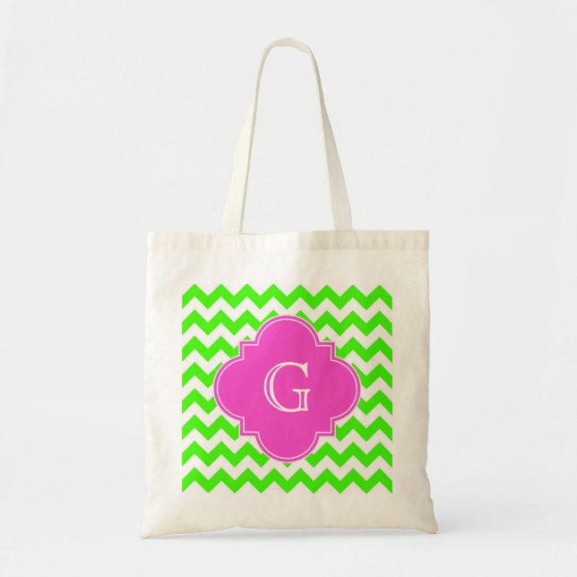 Bolso De Tela Monograma de Quatrefoil Rosa Lime Green Chevron (Frente)