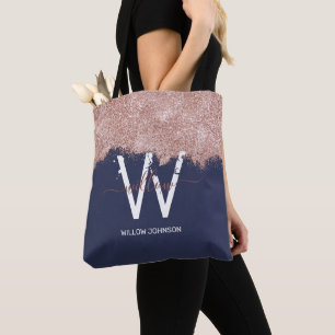 Bolso De Tela Monograma de Rosa de la Marina Azul Girly Purpurin