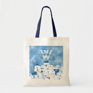 Bolso De Tela Monograma de Santorini Grecia azul y blanco