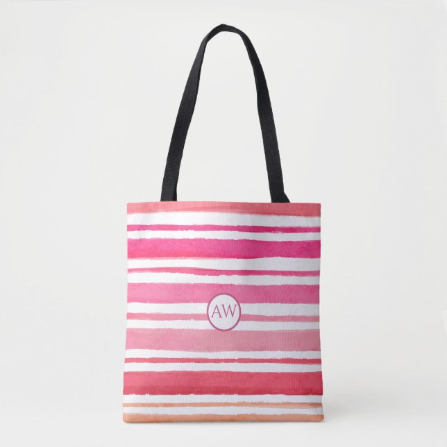 Bolso De Tela Monograma de stripey rosado de verano personalizad (Anverso)