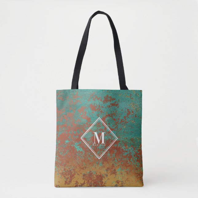 Bolso De Tela Monograma de textura metálica turquesa de cobre (Anverso)