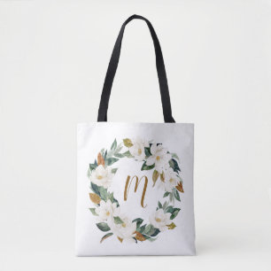 Bolso De Tela Monograma de Wreath de Magnolia de color de agua