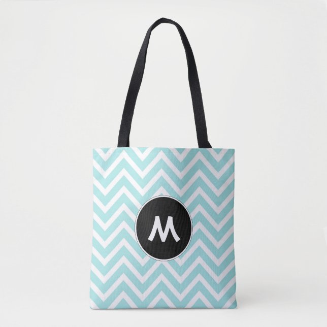 Bolso De Tela Monograma del Chevron blanco y turquesa (Anverso)