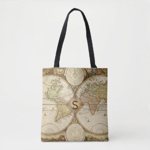 Bolso De Tela Monograma del Mapa Mundial de la Vintage